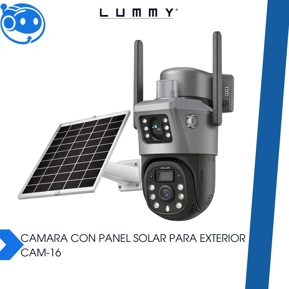 Cámara de vigilancia exterior LUMMY CAM-16 con panel solar integrado, antenas y luces LED visibles, en color gris oscuro.