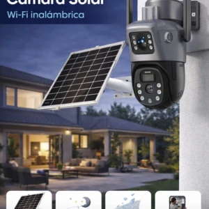 Cámara de vigilancia solar LUMMY HOME en color gris, montada en pared exterior con panel solar integrado, antenas visibles y pantalla táctil frontal.