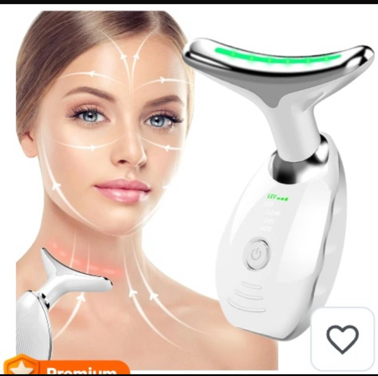 Dispositivo de belleza blanco con LED verde y mango ergonómico, mostrando uso en rostro y cuello con líneas de reafirmación.