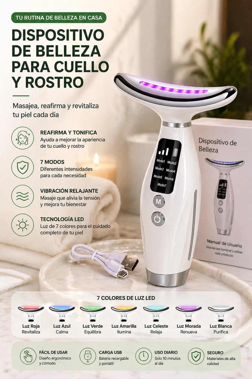 Dispositivo de belleza blanco con luz LED multicolor y pantalla digital, acompañado de cable USB y caja de presentación.