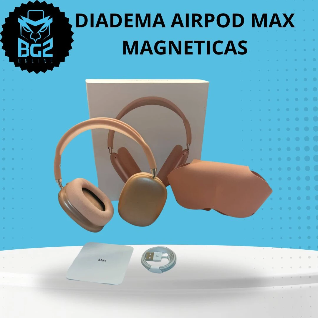 Diadema Airpod Max en color beige, con almohadillas magnéticas y caja incluida, sobre fondo azul claro con accesorios visibles.