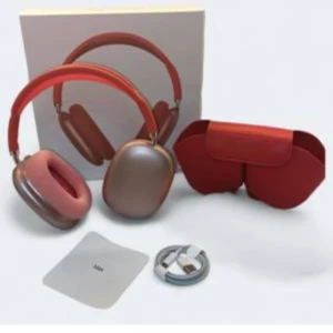 Diadema Airpod Max en color rojo con funda y accesorios incluidos, vista frontal sobre fondo blanco.