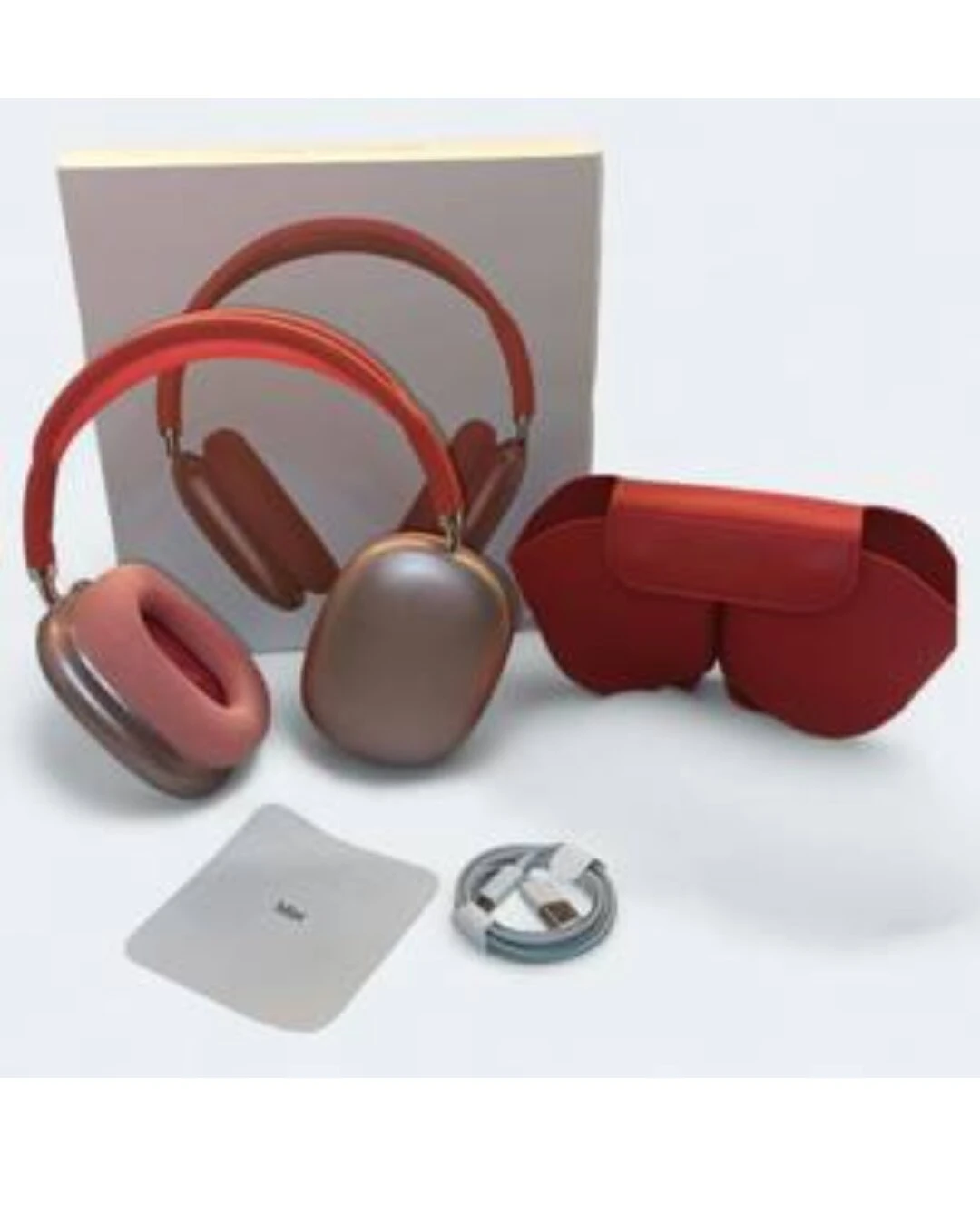 Diadema Airpod Max en color rojo con funda y accesorios incluidos, vista frontal sobre fondo blanco.