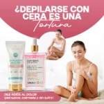 Kit de depilación sin dolor con crema y aceite. Incluye tubo de cera indolable y botella de aceite corporal. Mujer aplicando producto en piernas sobre cama blanca. Texto promocional en español sobre fondo rosa.