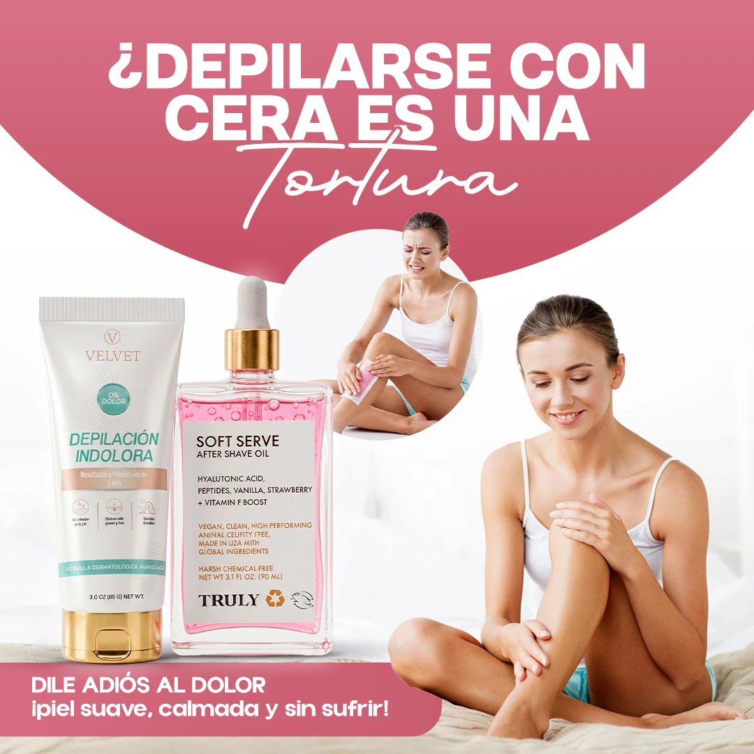 Kit de depilación sin dolor con crema y aceite. Incluye tubo de cera indolable y botella de aceite corporal. Mujer aplicando producto en piernas sobre cama blanca. Texto promocional en español sobre fondo rosa.