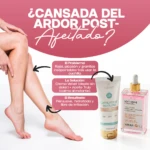 Kit de depilación sin dolor con crema y aceite, mostrando piernas con piel suave y productos en presentación: tubo blanco y frasco rosa con gotero.