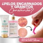 Kit de depilación sin dolor con crema y aceite, mostrando productos Velvet y Truly, piel con granitos antes y después, y mano usando navaja rosa sobre brazo.