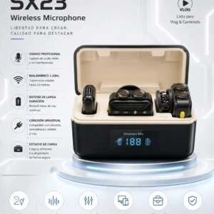 Micrófono inalámbrico profesional SX23 en estuche negro abierto, mostrando dos unidades con auriculares y receptor central con pantalla digital azul.