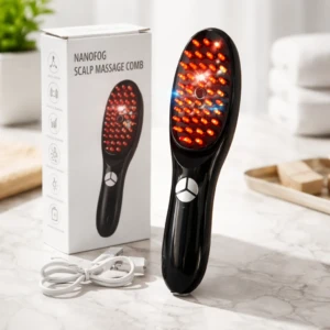 Cepillo masajeador LED negro con luces rojas y azules activas, junto a su caja blanca y cable de carga, sobre superficie de mármol.