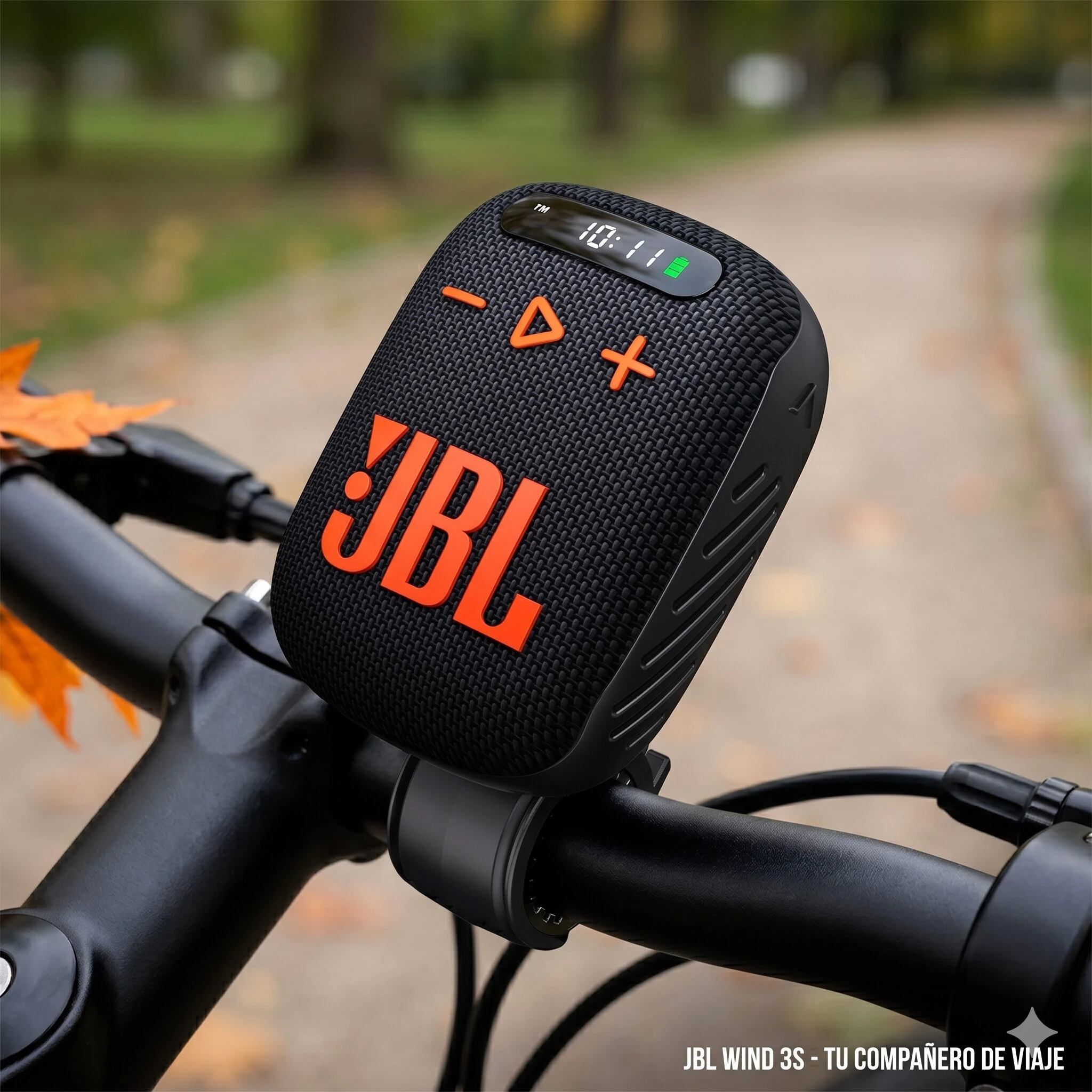 Altavoz Bluetooth JBL Wind 3S negro con detalles naranjas, montado en manillar de bicicleta al aire libre.