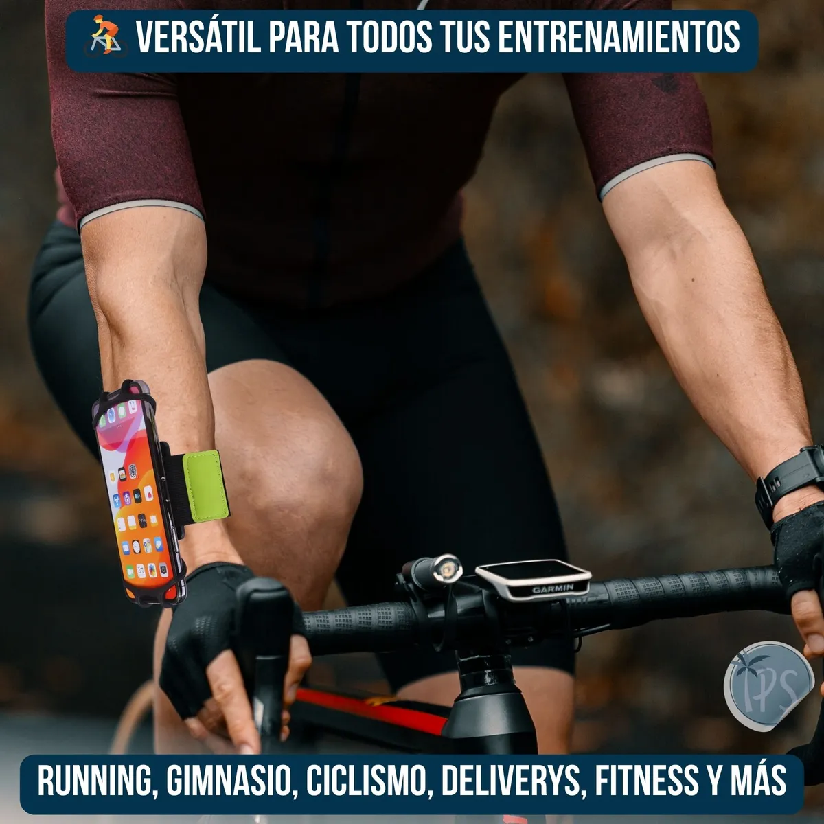Holder deportivo para celular en color negro, montado en el brazo de ciclista con camiseta morada y shorts negros, mostrando pantalla encendida y accesorio verde brillante.