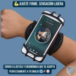 Holder deportivo negro con correa elástica ergonómica, ajustado al brazo y sujetando un smartphone en uso durante ejercicio.