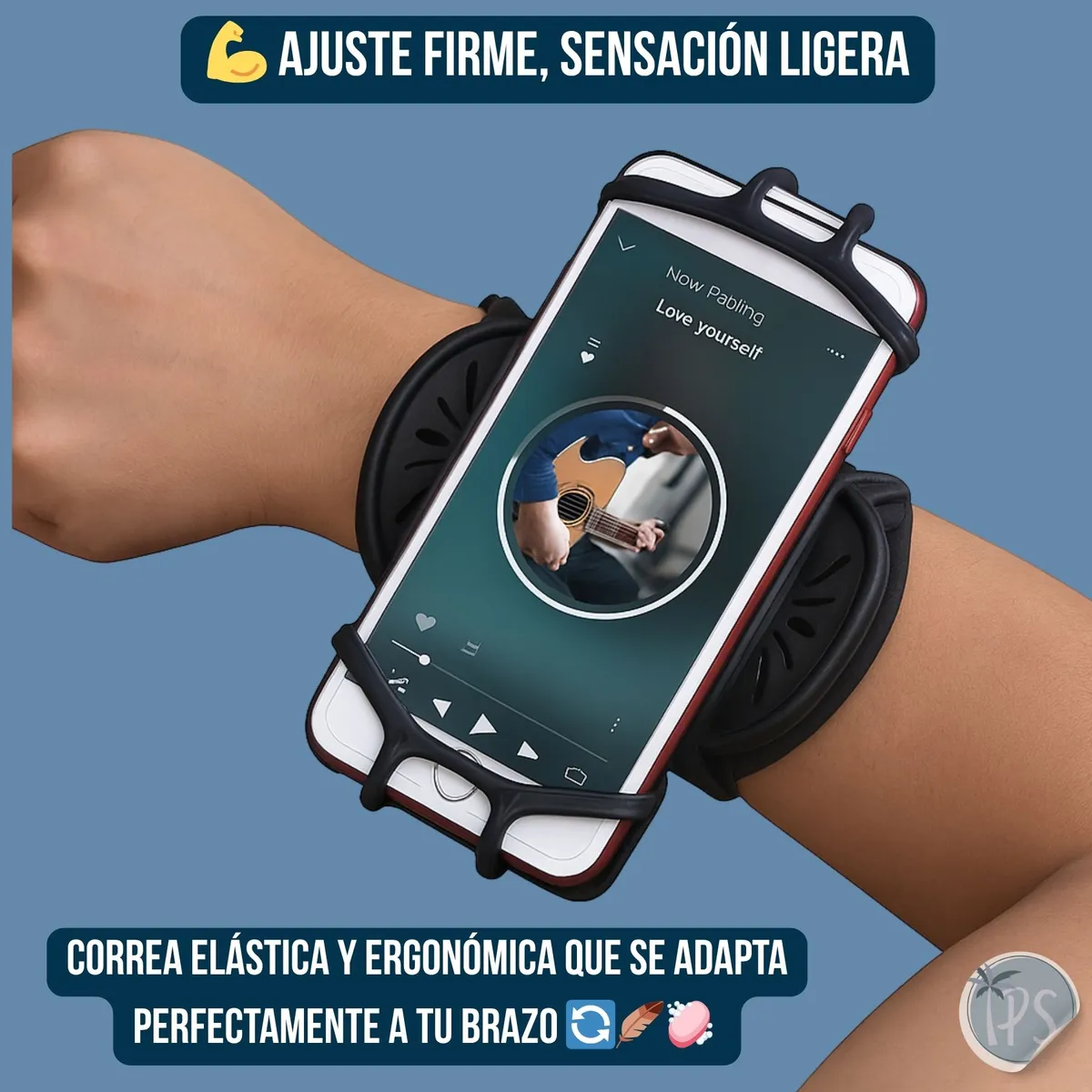 Holder deportivo negro con correa elástica ergonómica, ajustado al brazo y sujetando un smartphone en uso durante ejercicio.