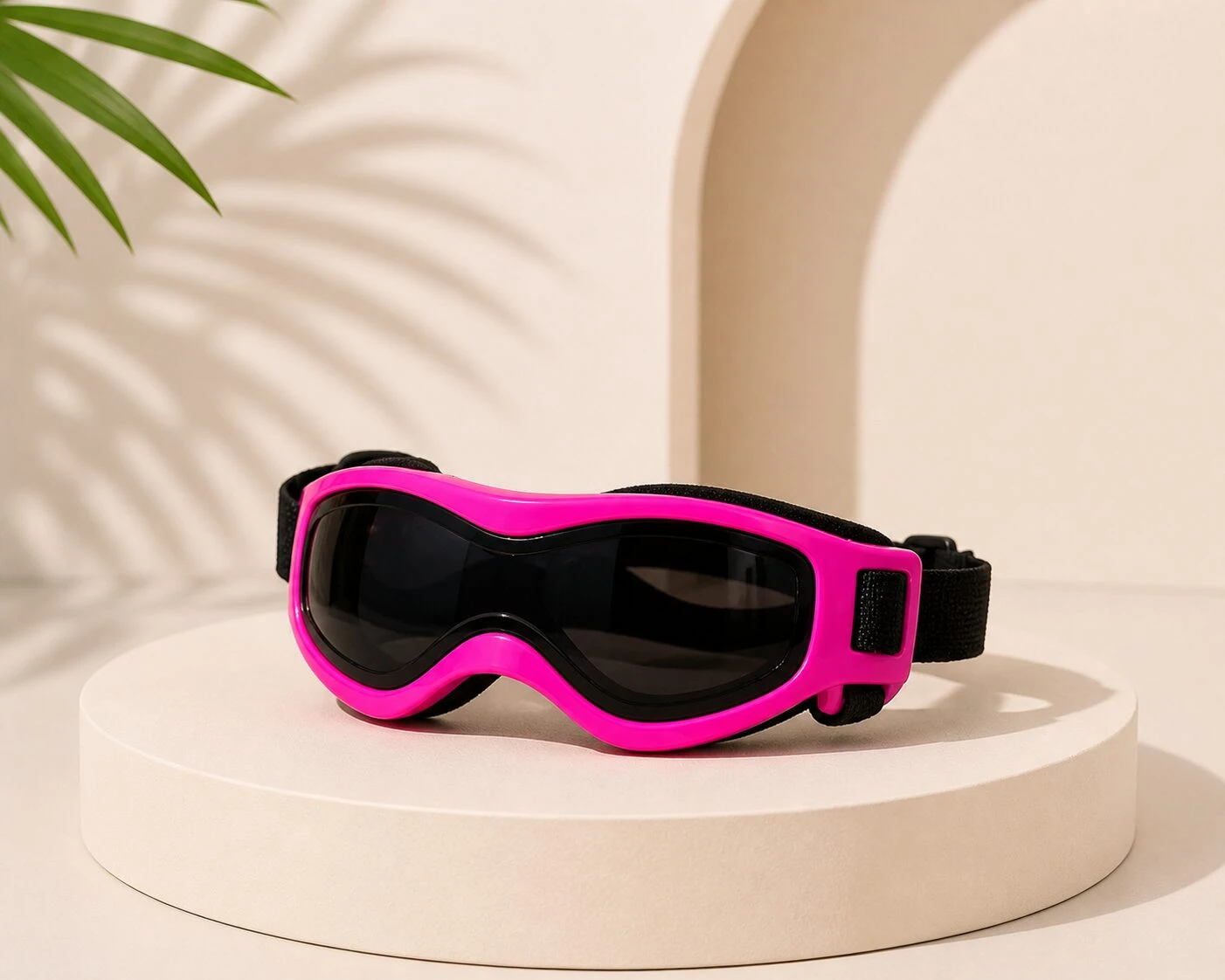 Gafas de protección para mascotas con montura rosa neón y lentes oscuras, sobre pedestal blanco con sombra de palmera al fondo.