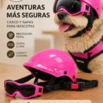 Casco y gafas rosa para perro, con visera ajustable y correa negra. Incluye protección total y visión clara. Ideal para paseos en moto.