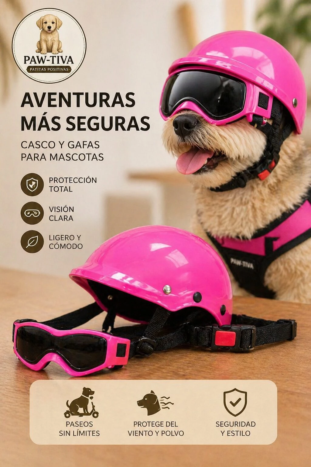Casco y gafas rosa para perro, con visera ajustable y correa negra. Incluye protección total y visión clara. Ideal para paseos en moto.