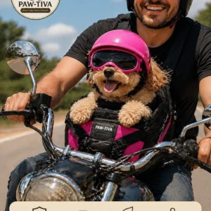 Hombre sonriente con casco negro y gafas de sol, conduciendo moto con perro pequeño en asiento trasero usando arnés rosa con casco y gafas del mismo color, marca Paw-tiva.