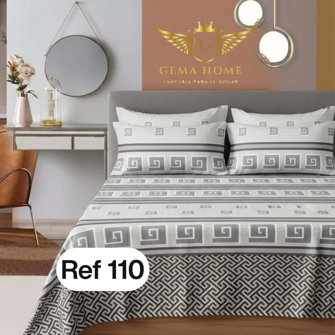 Juego de sábanas de polialgodón 800 hilos con planchado permanente, modelo Ref 110. Diseño geométrico en gris y blanco sobre cama con cabecero gris, ambiente moderno y minimalista.