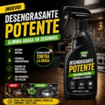 Botella negra de 500 ml de desengrasante potente con etiqueta verde y blanca, mostrando antes y después en estufa, ideal para cocina.