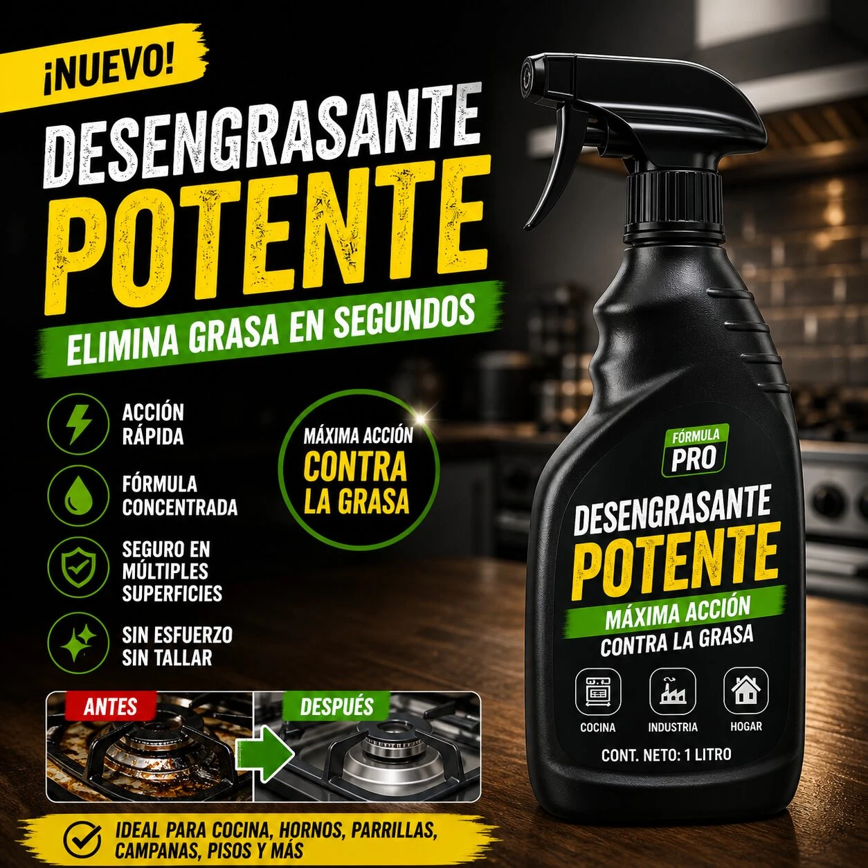 Botella negra de 500 ml de desengrasante potente con etiqueta verde y blanca, mostrando antes y después en estufa, ideal para cocina.