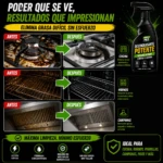 Botella negra de 500 ml del desengrasante Potente, con etiqueta verde y blanca, mostrando antes y después de limpieza en cocina, horno y campana.