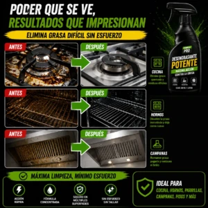 Botella negra de 500 ml del desengrasante Potente, con etiqueta verde y blanca, mostrando antes y después de limpieza en cocina, horno y campana.