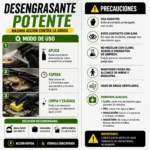 Etiqueta de instrucciones para desengrasante potente de 500 ml, con guía de uso en tres pasos, advertencias de seguridad y recomendaciones de dilución por tipo de grasa.