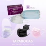 Pack de tapabocas quirúrgicos de tres capas en azul, negro, rosa y lila, con empaque individual y caja de 50 unidades.
