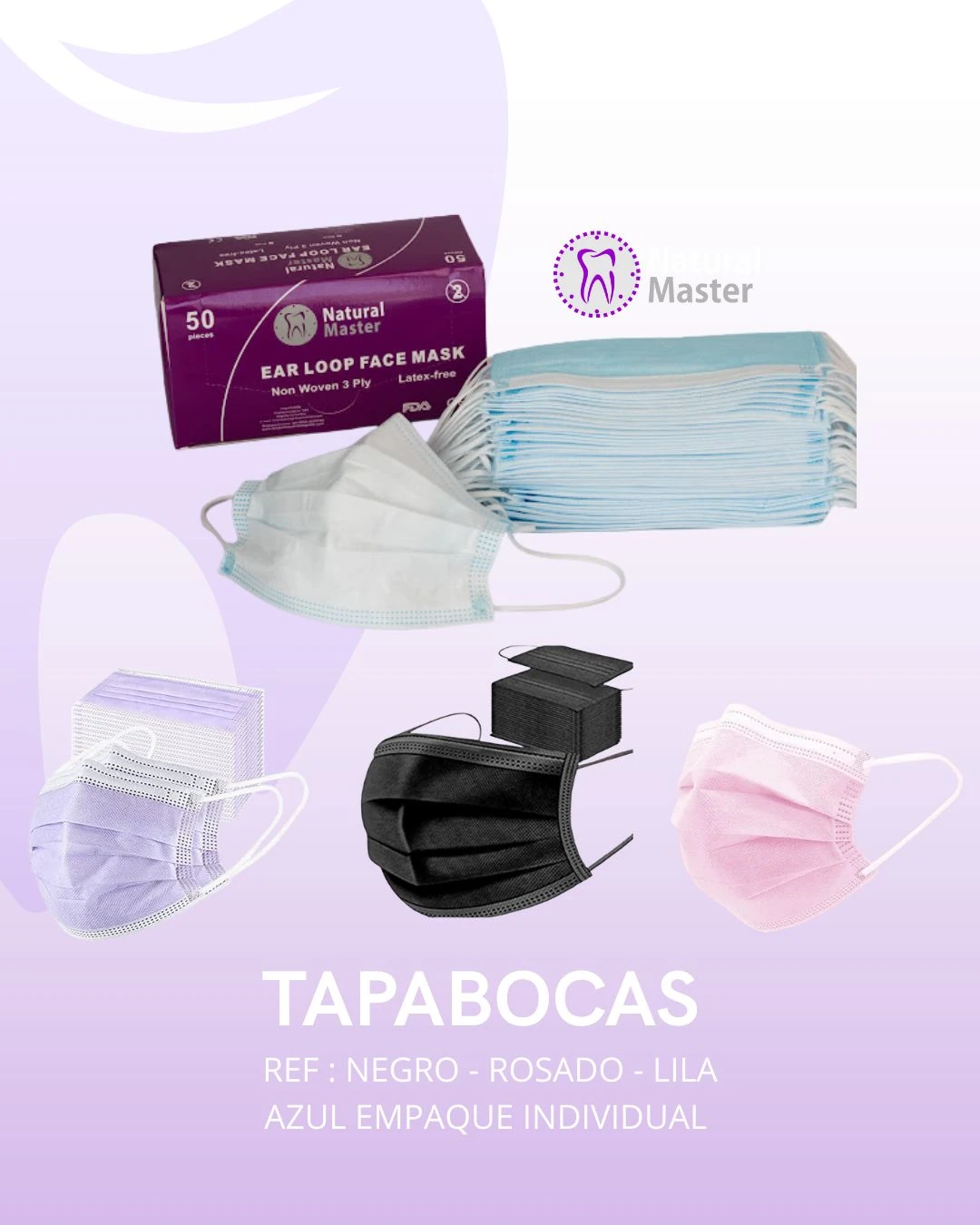 Pack de tapabocas quirúrgicos de tres capas en azul, negro, rosa y lila, con empaque individual y caja de 50 unidades.