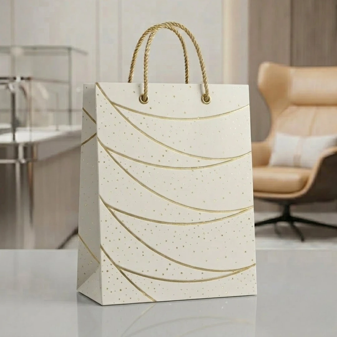 Bolsa regalo mediana color crema con detalles dorados y asas trenzadas, sobre superficie blanca en interior moderno.
