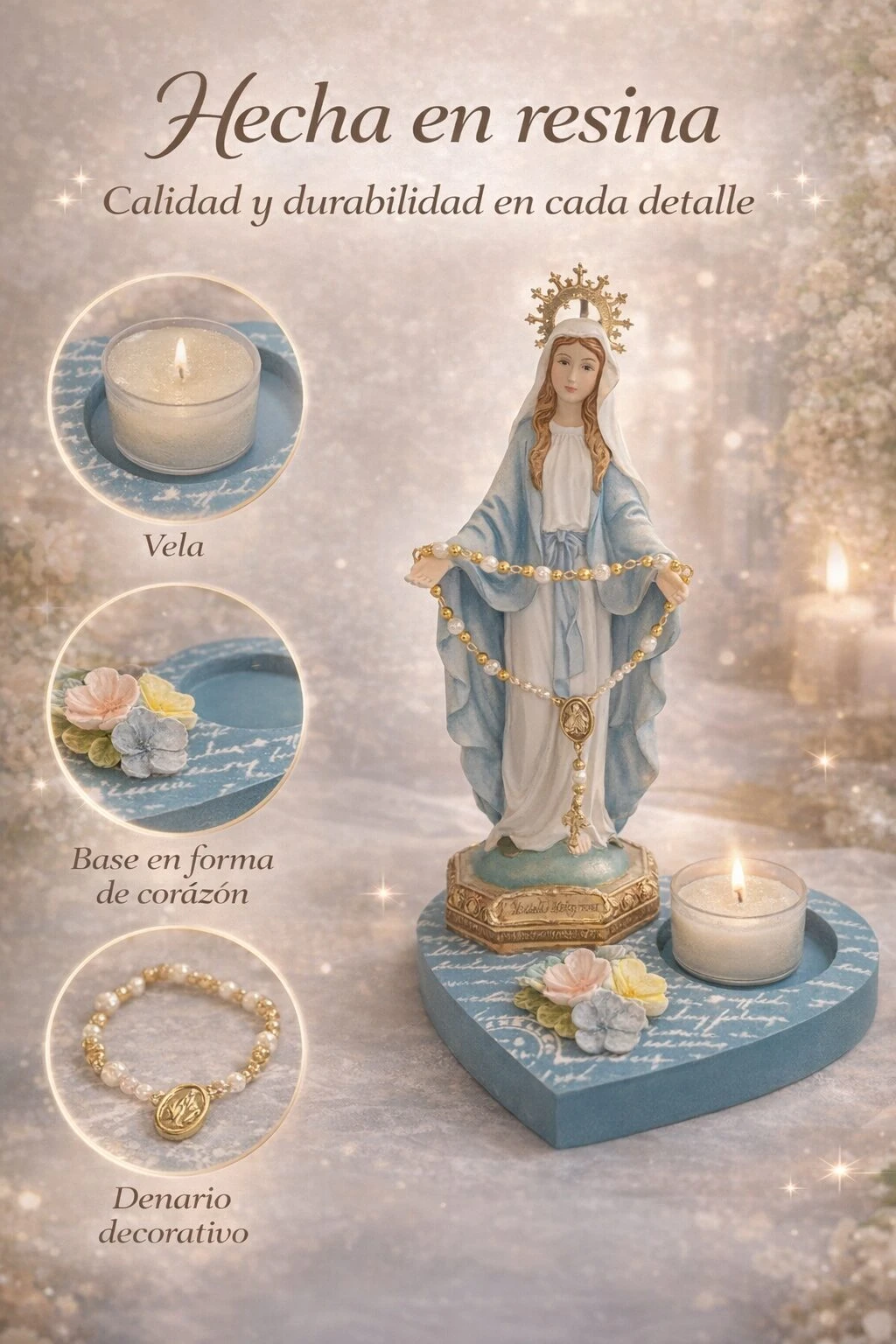 Virgen Milagrosa en resina con base corazón azul, veladora incluida y denario decorativo; ideal para altar o rincón de oración.