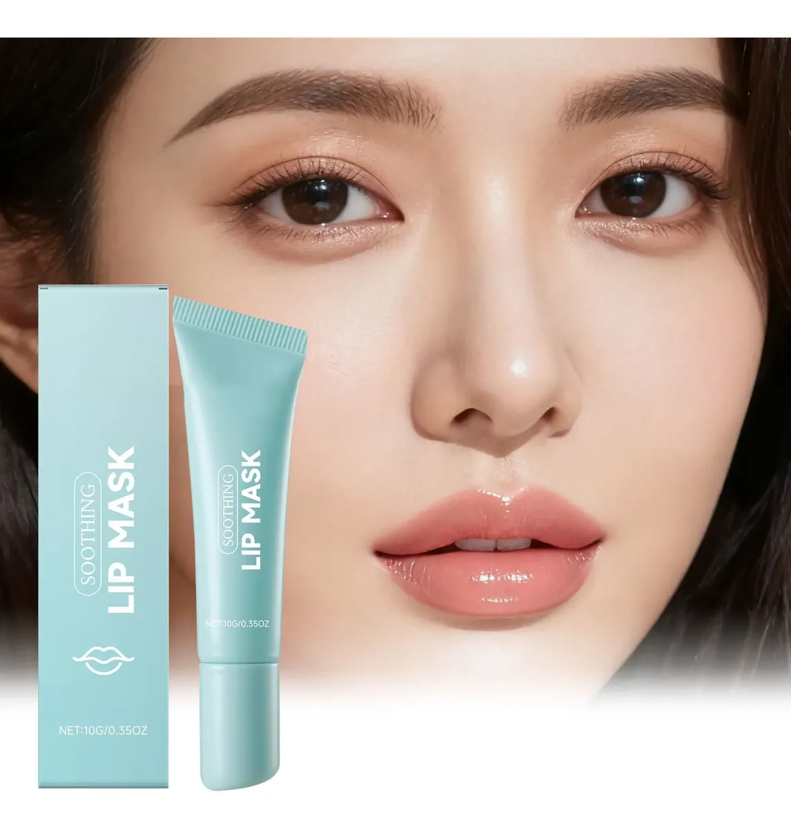 Mascarilla refrescante para labios en tubo y caja azul claro, con modelo mostrando labios hidratados y brillantes.