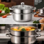 Olla vaporera acero inoxidable con tapa de vidrio - Cocine vegetales y proteínas simultáneamente conservando nutrientes