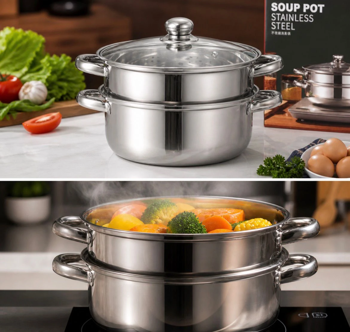 Olla vaporera acero inoxidable con tapa de vidrio - Cocine vegetales y proteínas simultáneamente conservando nutrientes