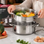 Olla vaporera acero inoxidable con tapa de vidrio - Cocine vegetales y proteínas simultáneamente conservando nutrientes - Imagen 2