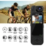 Grabadora deportiva Backclip en negro con pantalla táctil de 1.3 pulgadas, cámara frontal y trasera, visión nocturna y diseño compacto para ciclismo o seguridad.