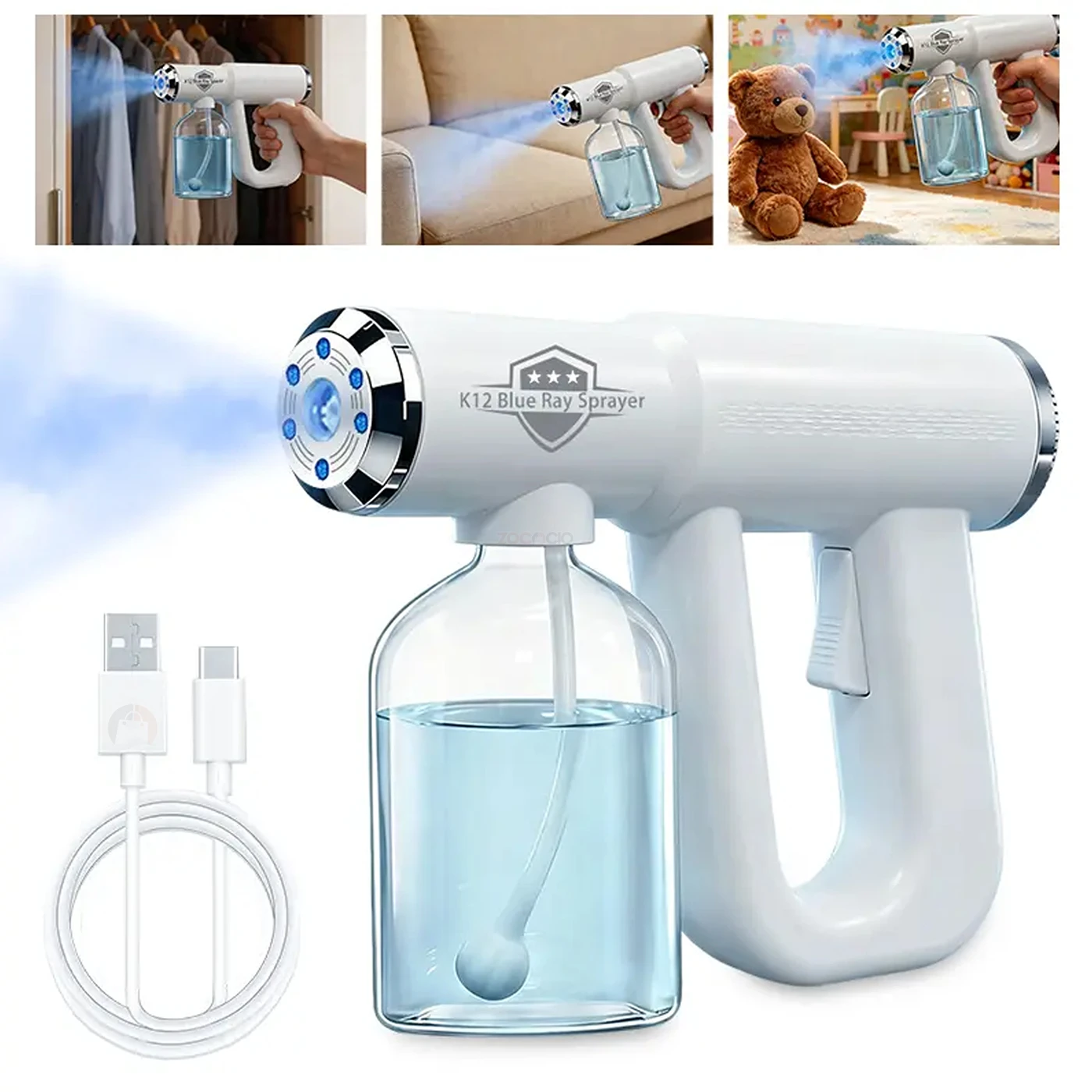 Pistola pulverizadora blanca con depósito transparente de agua, cable USB incluido y emisor de niebla azul; muestra uso en ropa, sofá y peluche.
