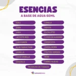 Lista de esencias a base de agua de 60ml, con nombres como Koaj, Zara, Canela, Menta, Eucalipto, entre otros, presentadas en etiquetas moradas sobre fondo blanco.