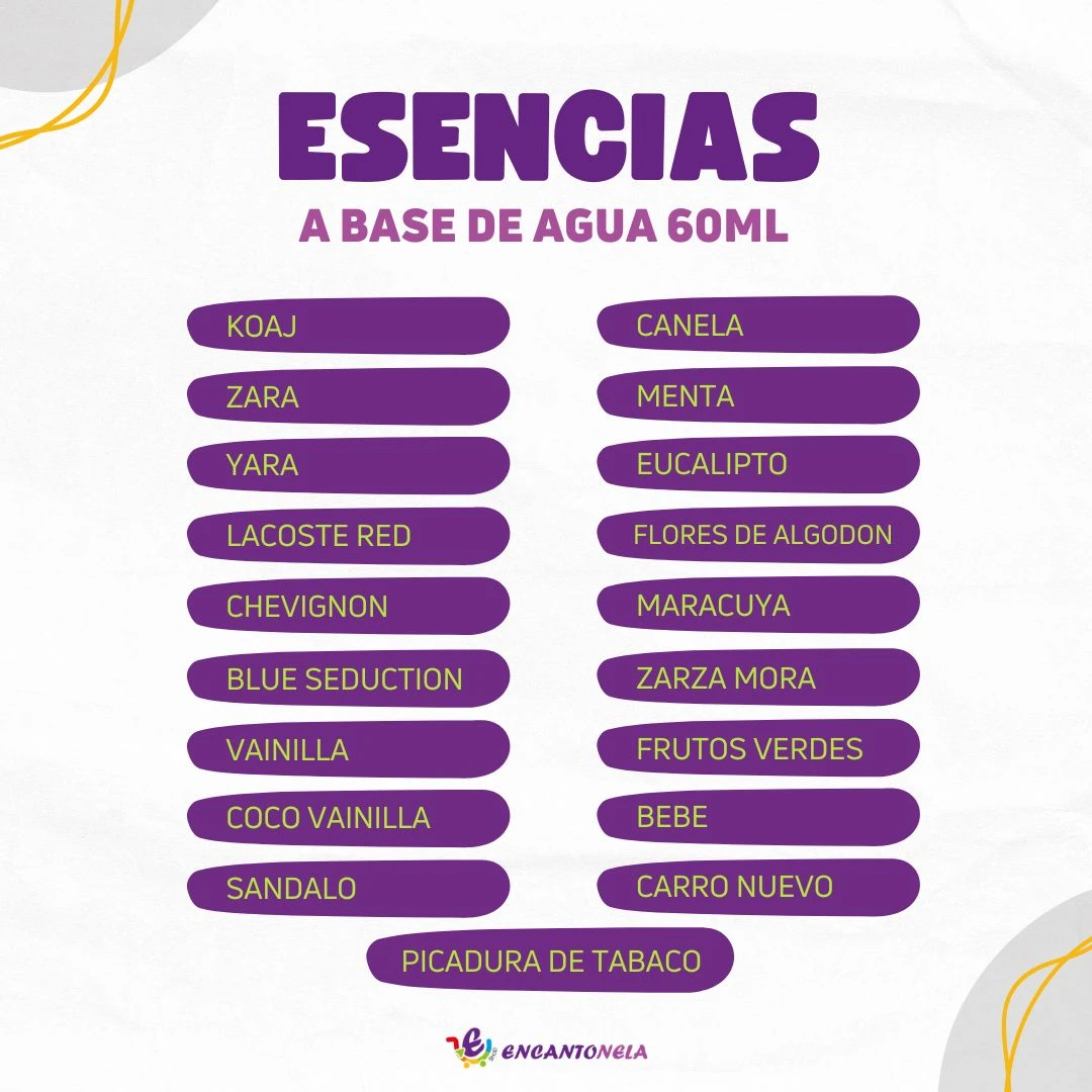 Lista de esencias a base de agua de 60ml, con nombres como Koaj, Zara, Canela, Menta, Eucalipto, entre otros, presentadas en etiquetas moradas sobre fondo blanco.
