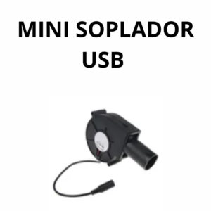 Sopladora USB negra compacta con cable de conexión y boquilla cilíndrica, vista lateral sobre fondo blanco.