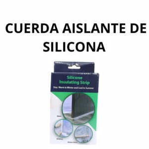 Pack de dos tiras aislantes de silicona para puertas y ventanas, con empaque que muestra aplicación en marcos y detalles de instalación.