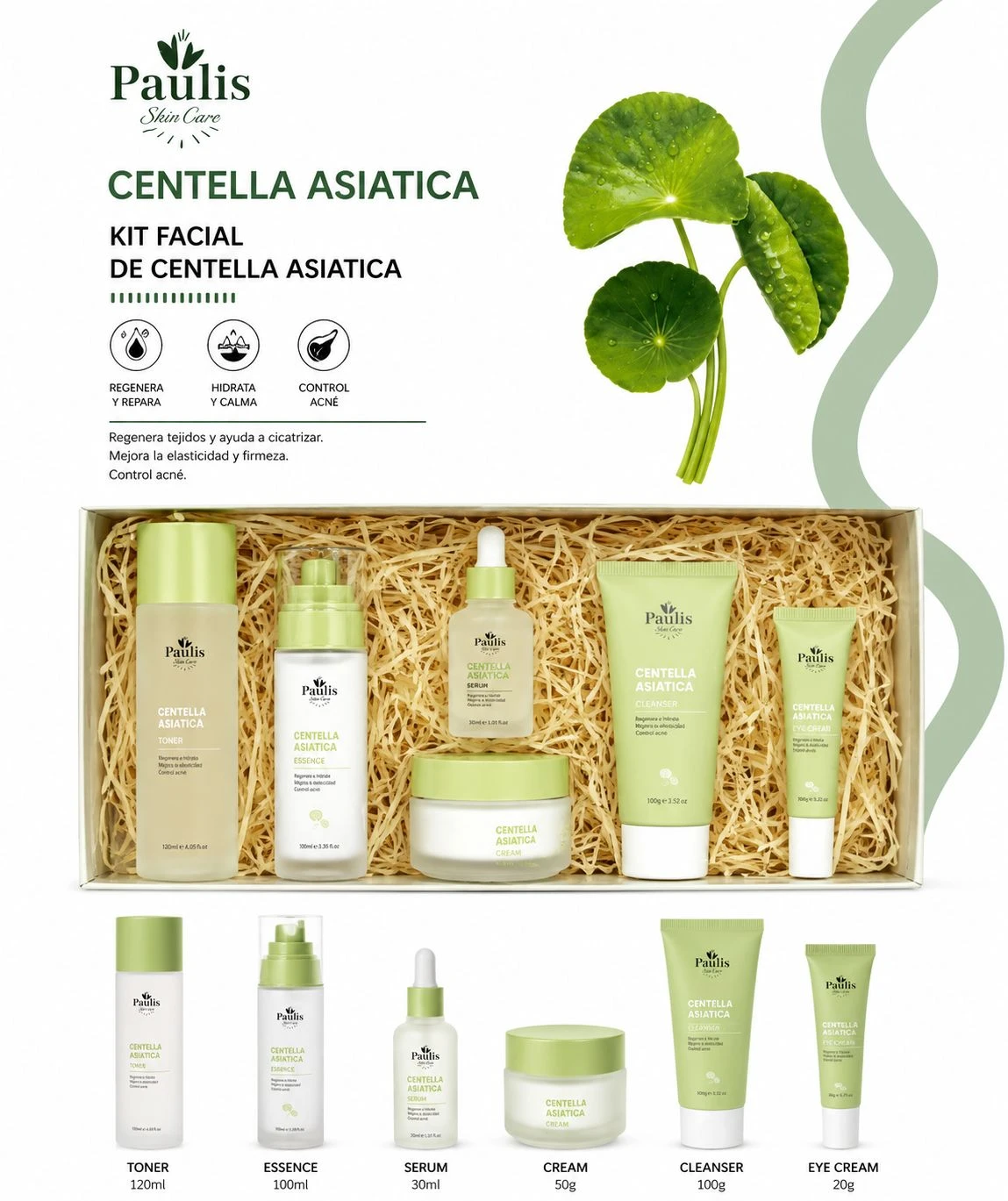 Kit facial Centella Asiática de Paulis en caja con relleno de paja, incluye toner, esencia, sérum, crema, limpiador y crema para ojos, todos en envases verdes y blancos.