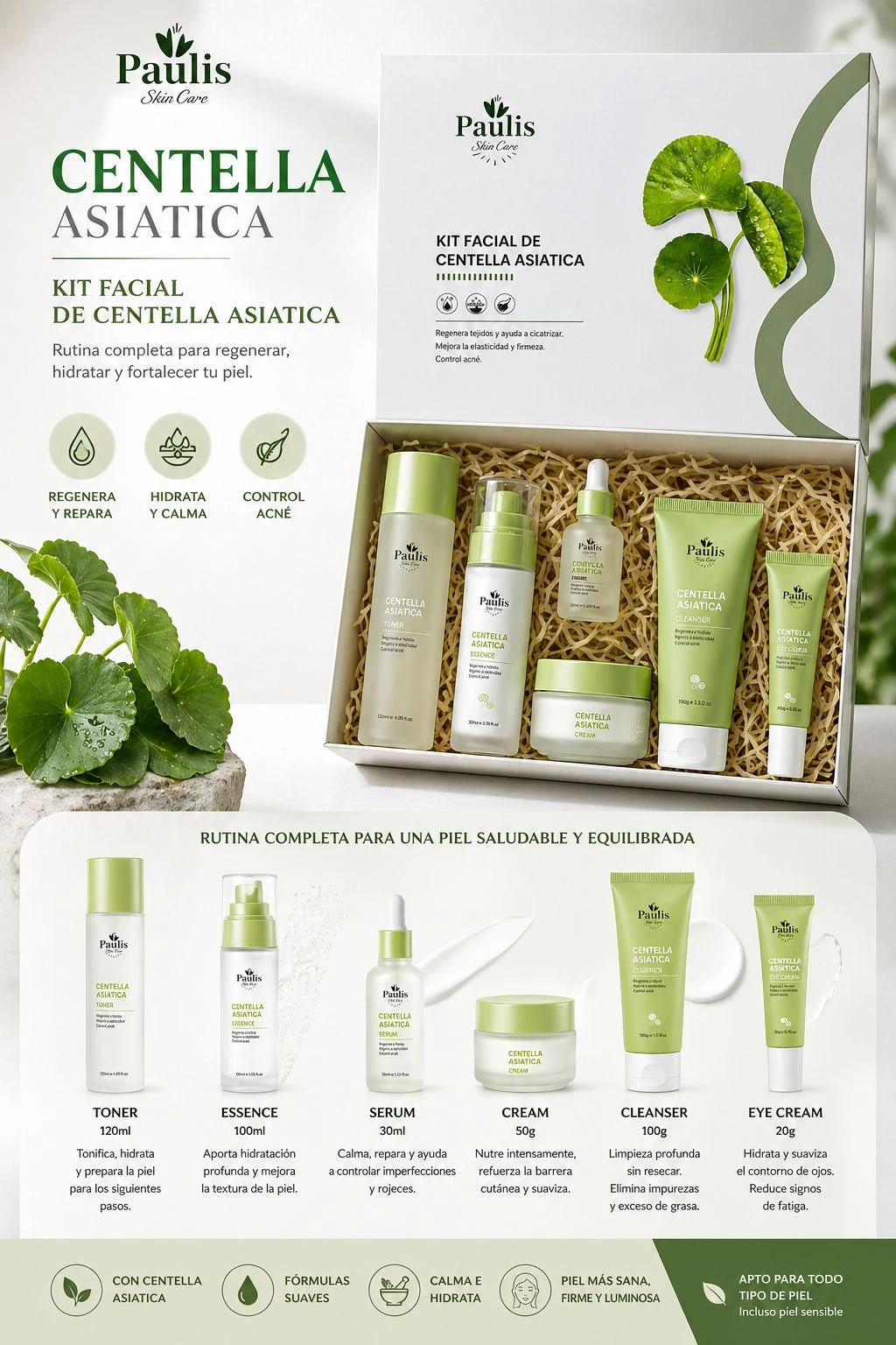 Kit facial Centella Asiática de Paulis Skin Care en caja abierta con siete productos: toner, esencia, sérum, crema, limpiador y dos cremas para ojos, todos en envases verdes y blancos sobre relleno de paja.