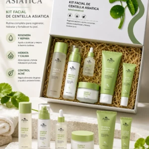 Kit facial Centella Asiática de Paulis, caja abierta mostrando seis productos en tonos verdes sobre base de paja, con presentación completa y accesorios adicionales al frente.