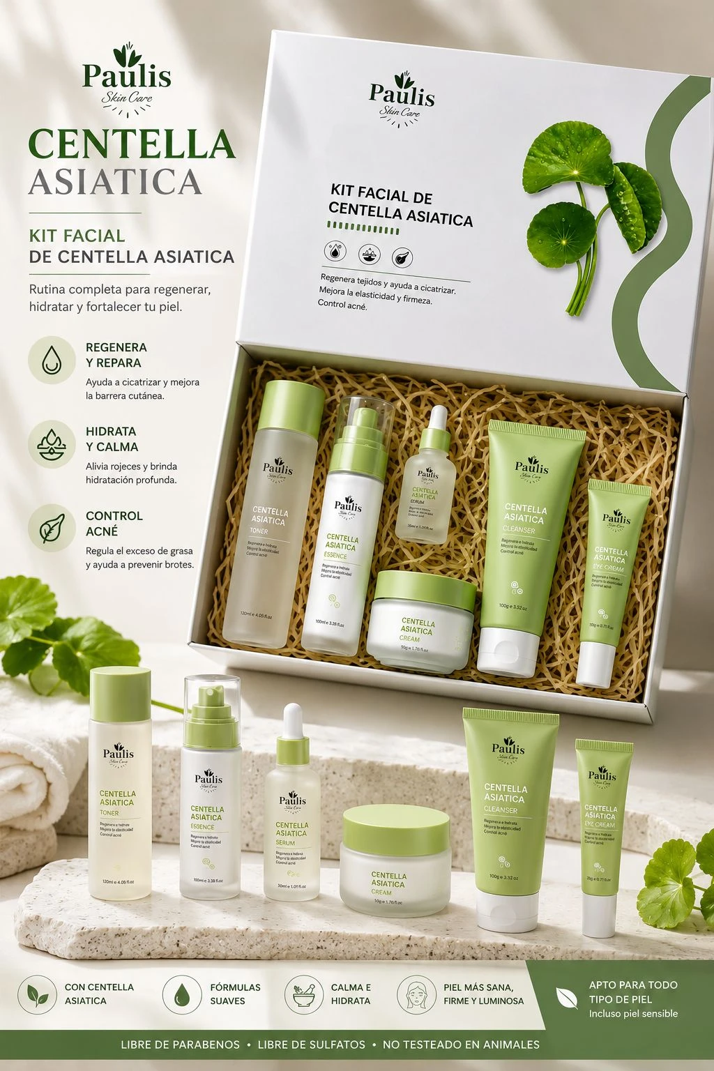 Kit facial Centella Asiática de Paulis, caja abierta mostrando seis productos en tonos verdes sobre base de paja, con presentación completa y accesorios adicionales al frente.