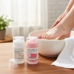 Set de dos cremas hidratantes para manos y pies de Kaliya Beauty, con extracto de arroz y durazno. Presentación en tubos transparentes con tapas blancas y rosas, sobre mesa de madera. Al fondo, pies sumergidos en cuenco blanco aplicando crema.