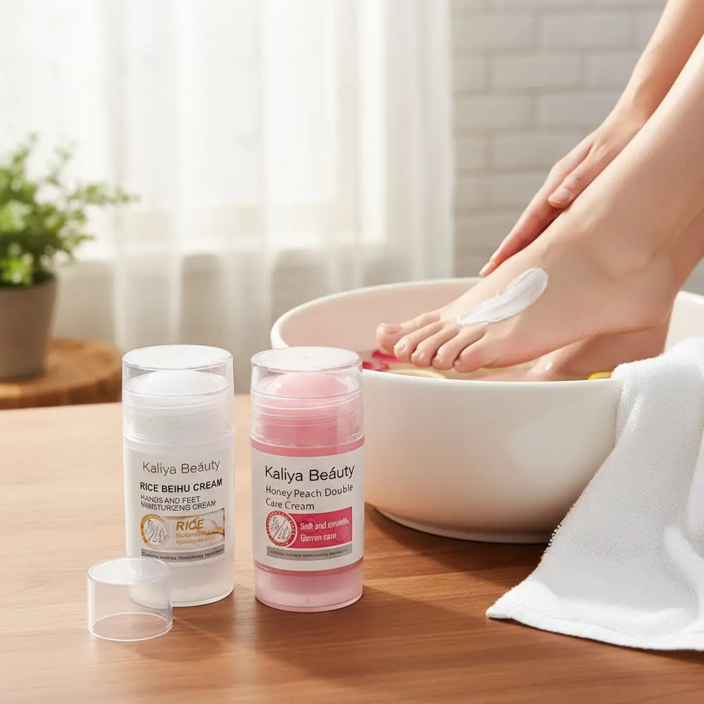 Set de dos cremas hidratantes para manos y pies de Kaliya Beauty, con extracto de arroz y durazno. Presentación en tubos transparentes con tapas blancas y rosas, sobre mesa de madera. Al fondo, pies sumergidos en cuenco blanco aplicando crema.
