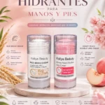 Set de dos cremas hidratantes para manos y pies: una con extracto de arroz en envase blanco y otra con durazno en envase rosa, sobre base circular con elementos decorativos florales y frutales.