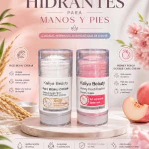 Set de dos cremas hidratantes para manos y pies: una con extracto de arroz en envase blanco y otra con durazno en envase rosa, sobre base circular con elementos decorativos florales y frutales.