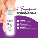 Spray Terbinafina 8% en presentación de 100 ml, con etiqueta blanca y detalles en morado. Botella con atomizador, sobre fondo con manos aplicando producto en pie. Incluye texto que destaca beneficios: elimina hongos, tratamiento breve y restaura uñas y piel.